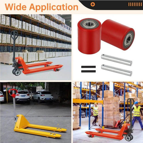 Image of 1 Pair Pallet Jack Load Wheels 3 x 3.75 inch with 20mm bearings, showing wheels, axles, pins, and application examples on pallet jacks
