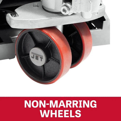 Close-up of Jet Heavy Duty Pallet Jack With 8000 Lb Capacity, 27 X 48 Inch Forks, showing non-marking polyurethane wheels