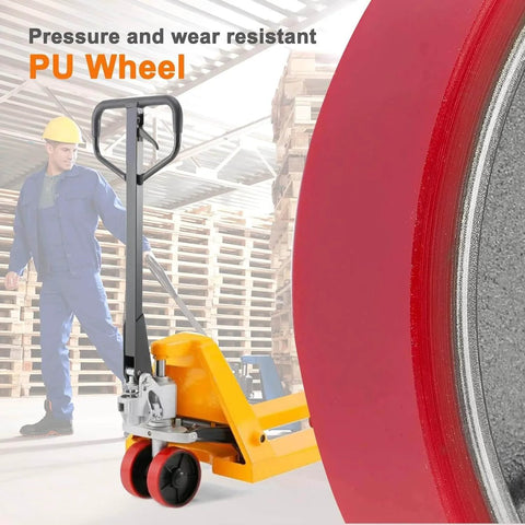 Pallet truck with red PU tread wheels in warehouse, highlighting pressure resistance of pallet jack full wheel set assembled.