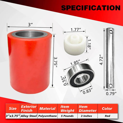 Pallet jack load wheels full set 3 x 3.75 inch with axles and entry exit rollers, red polyurethane load wheels kit specification chart