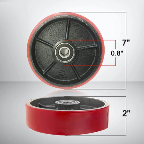 Pallet jack full wheel set assembled, includes 7 x 2 inch steer wheels, black polyurethane tread, 20mm ID bearings, side view