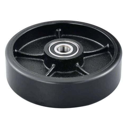 Manual pallet jack steering wheels set 7 x 2 inch with pre installed bearings, black polyurethane on cast iron, single wheel view