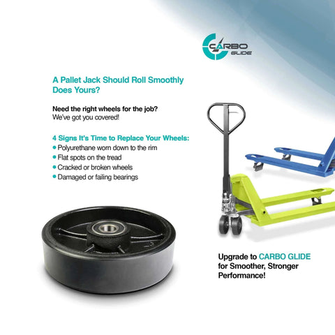 Pallet jack with black polyurethane steering wheels and product features for smooth performance