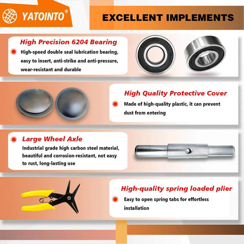 High precision bearings and tools for 2 pcs pallet jack steer wheel set 7 x 2 inch, featuring protective covers and axle with spring loaded plier.