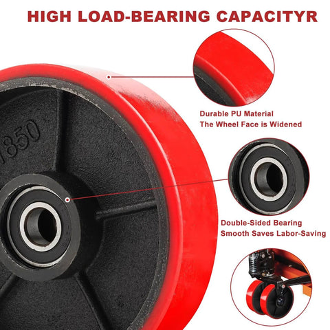 Pallet jack steering wheels pair 8 x 2 inch with 20mm ID bearings, polyurethane tread on reinforced steel core, detailed view.