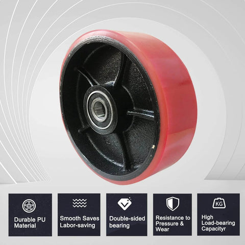 Pallet jack steering wheels set 7 x 2 inch with axle, red polyurethane tread on steel, showing double-sided bearing and durability features.