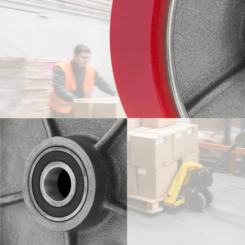 Close-up of pallet jack steering wheels set 7 x 2 inch with axle, red polyurethane tread on steel, showing 20mm ID bearings.