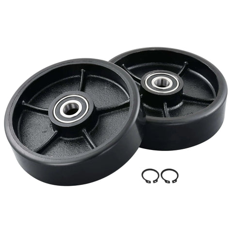 Manual pallet jack steering wheels set 7 x 2 inch with pre installed bearings, black polyurethane tread on cast iron, includes fasteners