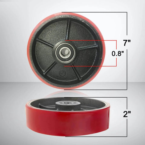 Pallet jack steering wheels set 7 x 2 inch with axle, red polyurethane tread on steel, 20mm ID bearings, close-up view
