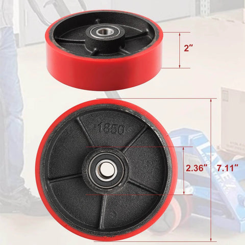 Pallet jack steering wheels pair 8 x 2 inch with 20mm ID bearings visible; red polyurethane, reinforced steel core showing close-up details