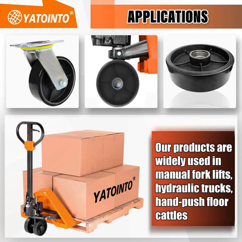 Applications of 2 pcs pallet jack steer wheel set 7 x 2 inch with axle and protective caps, suitable for forklifts and hydraulic trucks