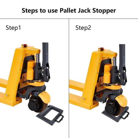 Image showing steps to use Heavy Duty Pallet Jack Stopper Chock For Trucks And Trailers, Instantly Park Your Pallet Jack In Seconds