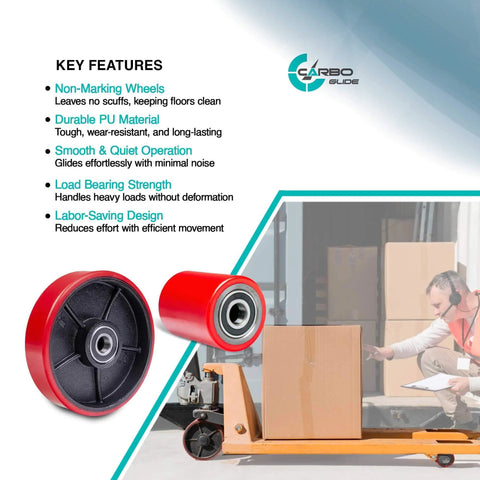 Pallet jack truck full wheel set red with axles, steering wheels 7 x 2 inch, front load rollers 3 x 3.75 inch shown in use