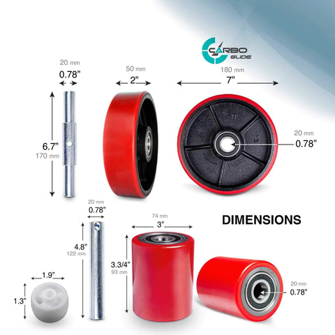 Pallet jack truck full wheel set red with axles, steering wheels 7 x 2 inch pair, front load rollers 3 x 3.75 inch with dimensions diagram