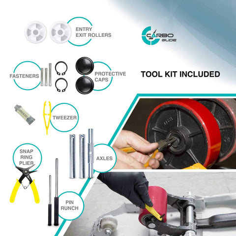 Tool kit for pallet jack truck full wheel set red with axles, steering wheels 7 x 2 inch pair, entry exit rollers, protective caps.
