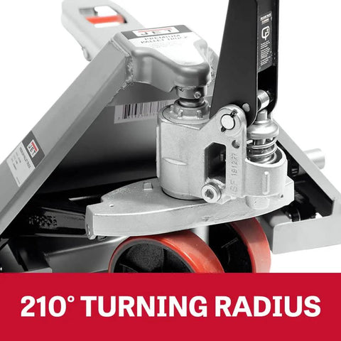 Close-up of Heavy Duty Pallet Jack With 8000 Lb Capacity, 27 X 48 Inch Forks, Model JTX-2748B steering mechanism by Jet.