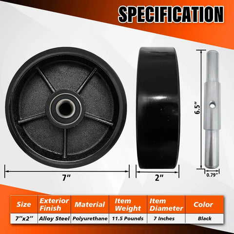 2 pcs pallet jack steer wheel set 7 x 2 inch with axle and protective caps, black steel core, wheel specifications shown