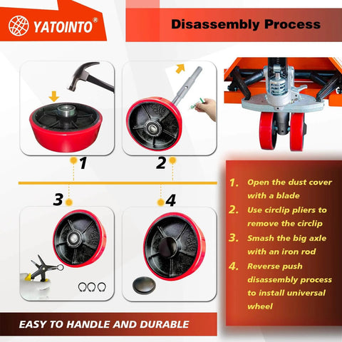Disassembly process for 2 pcs pallet jack steer wheel set 7 x 2 inch with axle and protective caps, showing tool use and steps.