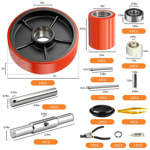 Pallet Jack Steering Wheels Set With Axle And Front Load Rollers For Most Hand Pallet Jacks Seven By Two Inch Pair And Three By Three Point Seven Five Inch Pair With Bearings Gasher Upgrade For Quiet Smooth Gliding And Lower Operator Fatigue.