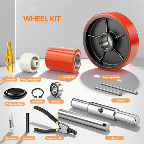 Pallet Jack Steering Wheels Set With Axle And Front Load Rollers For Most Hand Pallet Jacks Seven By Two Inch Pair And Three By Three Point Seven Five Inch Pair With Bearings Gasher Upgrade For Quiet Smooth Gliding And Lower Operator Fatigue shown in a wheel kit layout