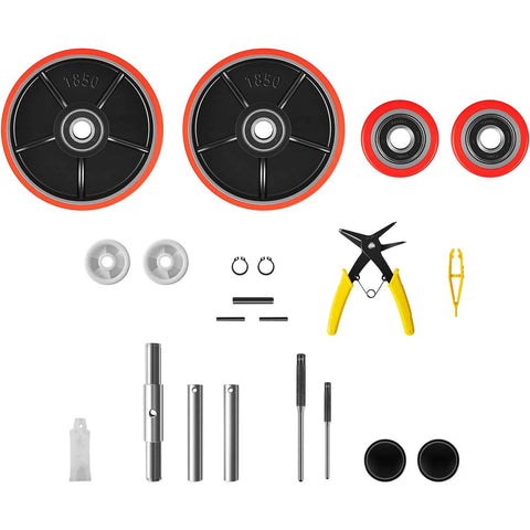 Pallet Jack Wheels Set for most manual pallet jacks, complete replacement kit with axles, bearings, and tools, 7 x 2 inch steer wheels.