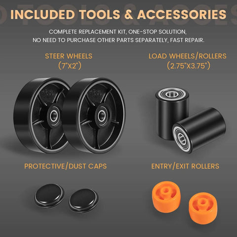 PTH50 Pallet Jack Wheel Replacement Kit Set complete for Crown PTH50 & standard jacks; steer wheels, load wheels, accessories shown