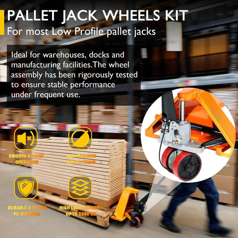 All In One Pallet Jack Wheels Kit For Most Hand Pallet Jacks, Includes 7x2 Steering Wheels, 3x3.75 Load Wheels in use.
