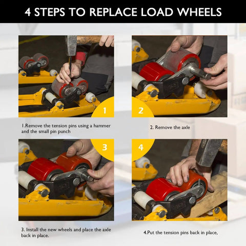 Step-by-step guide on replacing load wheels using All In One Pallet Jack Wheels Kit For Most Hand Pallet Jacks, Includes 7x2 Steering Wheels, 3x3.75 Load Wheels, Entry And Exit Rollers, Axles With Pins, Fasteners, Tools And Hardware, Red Polyurethane Replacement Set For Easy Upgrades.