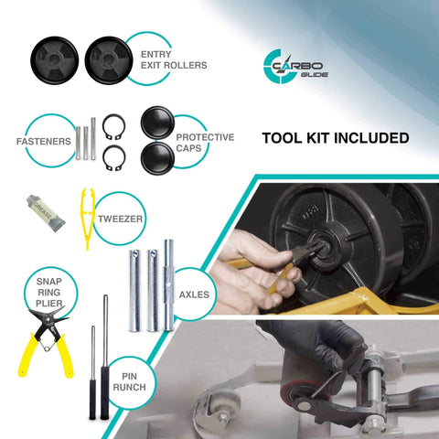 Pallet jack full wheel replacement set black with accessories, including axles, entry exit rollers, protective caps, and tools.