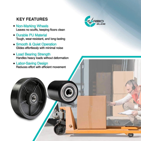 Pallet jack full wheel replacement set black, includes 7 x 2 inch steering wheels pair with back axle, 20mm ID bearings, in use demo