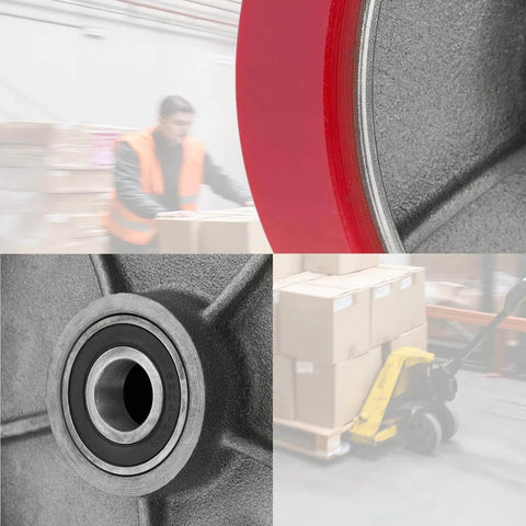 Pallet jack full wheel set assembled with steer and load wheels, black polyurethane tread on steel, 20mm ID bearings, displayed in warehouse.