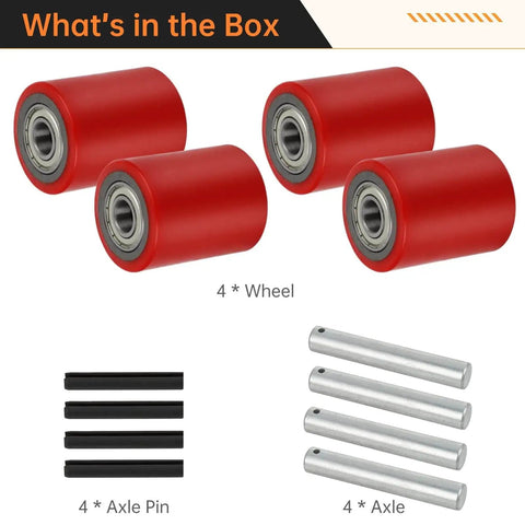 Pallet Jack Load Wheel Set For Manual Pallet Jacks Replacement Rear Wheels 3 Inch By 3.75 Inch With 20mm Bearings Includes 4 Wheels 4 Axles And 4 Pins For Lift Truck And Pallet Jack Maintenance