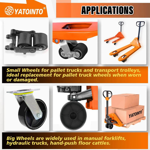 Applications of pallet jack full wheel set with axles, 7 x 2 inch steer wheels, 3 x 3.75 inch load wheels, pictured on forklifts and carts