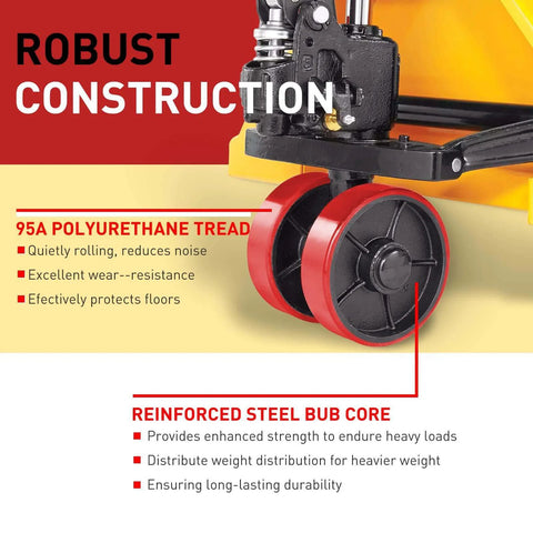 Pallet Jack Wheels Set for most manual pallet jacks, complete replacement kit shown with red polyurethane tread on 7x2 inch steer wheels, emphasizing robust construction and steel core.