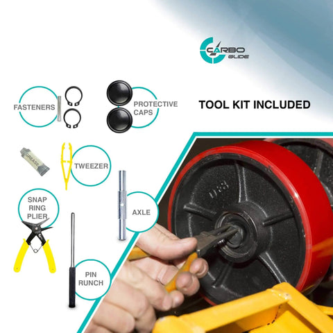Pallet Jack Steering Wheels Set With Axle, Fasteners And Protective Caps, Four Pieces, 7x2 Inches, 20mm ID Poly Tread Red Bearings, Tool Kit Included, Non Marking For Smooth Shop Floors