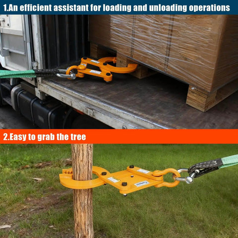 Heavy Duty Pallet Puller Clamp For Forklift Chains With 6 Inch Jaw Opening And 2204 Lbs Capacity The Rugged Boss For Tree Stump And Brush Pulling With Self Locking Scissor Mechanism Industrial Grade shown in use lifting pallets and pulling a tree stump