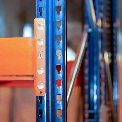 Pallet Rack Drop Pins 100 Pcs M5x5mm J Bolt Safety Clips Cross Beam Lock Pins installed on warehouse shelving