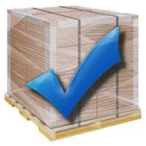 Wrapped pallet of boxes secured by extended length stretch film with a blue checkmark, indicating secure packaging using pallet wrapper.