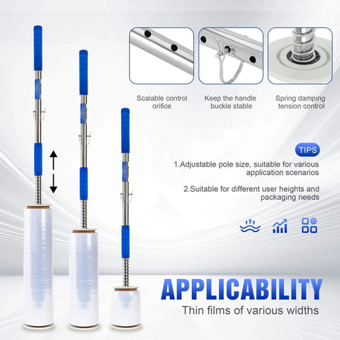 Long Handle Pallet Stretch Wrap Dispenser Kit For 12 To 20 Inch Film Widths With 1.5 To 3 Inch Roll Diameter Includes Roller Gloves And Cut Off Knife 3X Faster Pallet Wrapping For Warehouse Logistics And Factory Shipping