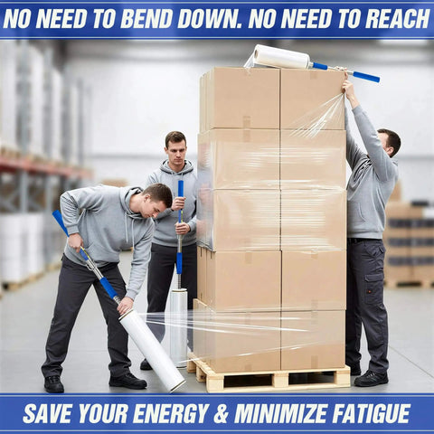 Long Handle Pallet Stretch Wrap Dispenser Kit For 12 To 20 Inch Film Widths With 1.5 To 3 Inch Roll Diameter Includes Roller Gloves And Cut Off Knife 3X Faster Pallet Wrapping For Warehouse Logistics And Factory Shipping being used by workers wrapping boxes on pallets
