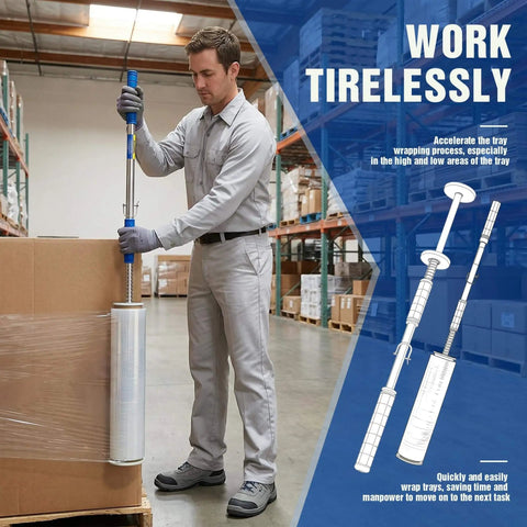 Man using Long Handle Pallet Stretch Wrap Dispenser Kit For 12 To 20 Inch Film Widths With 1.5 To 3 Inch Roll Diameter Includes Roller Gloves And Cut Off Knife 3X Faster Pallet Wrapping For Warehouse Logistics And Factory Shipping on a pallet in a warehouse.