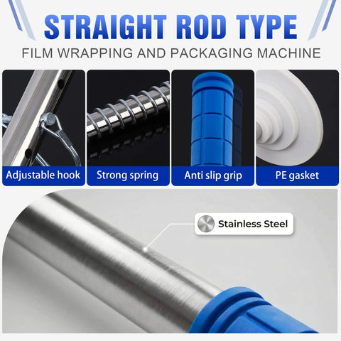 Long Handle Pallet Stretch Wrap Dispenser Kit For 12 To 20 Inch Film Widths With 1.5 To 3 Inch Roll Diameter Includes Roller Gloves And Cut Off Knife 3X Faster Pallet Wrapping For Warehouse Logistics And Factory Shipping, showing stainless steel rod, adjustable hook, strong spring, anti-slip grip.