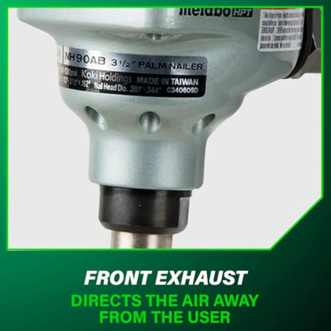 Close-up of Workhorse Pro Preferred Palm Nailer with front exhaust, showcasing metal construction and branding, Metabo HPT.