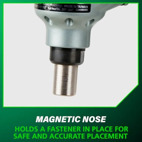 Close-up of the Workhorse Pro Preferred Palm Nailer magnetic nose for precise fastening in joist hangers and metal connectors.