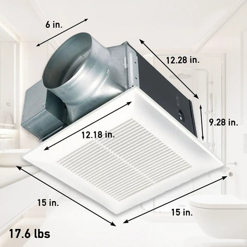Whisper Quiet 290 CFM Ceiling Bathroom Exhaust Fan For Ultra Silent Ventilation Energy Star Certified Durable Double Tapered Wheel In Ceiling Mount Panasonic FV 30VQ3 With Installation Kit FV NLF06G shown in bathroom setting with dimensions and weight details.