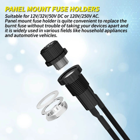 Panel Mount Fuse Holder For 5x20mm Fuses With Pre Soldered Wires, visible parts and accessories, suitable for household and automotive use