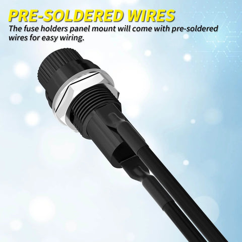 Panel Mount Fuse Holder For 5x20mm Fuses With Pre Soldered Wires No Fuss Plug And Play Quick Change Design, close-up view