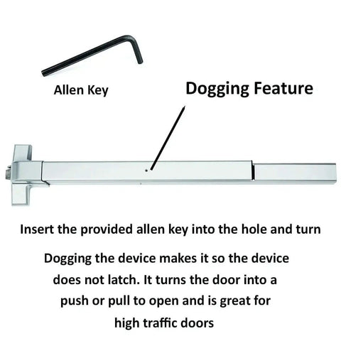 Push Bar Panic Exit Device For Emergency Doors 31 Inch Length With Aluminum Finish shown with dogging feature and allen key