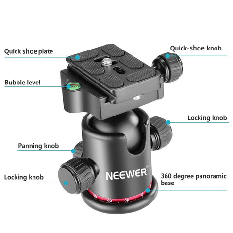 Professional Metal 360 Degree Rotating Panoramic Ball Head With One Quarter Inch Quick Release Plate And Bubble Level
