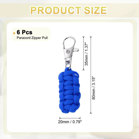 Paracord Zipper Pulls 80mm Polyester Replacement With Metal Clasp 6 Pack Dark Blue For Backpacks Luggage Clothing shown with size specs